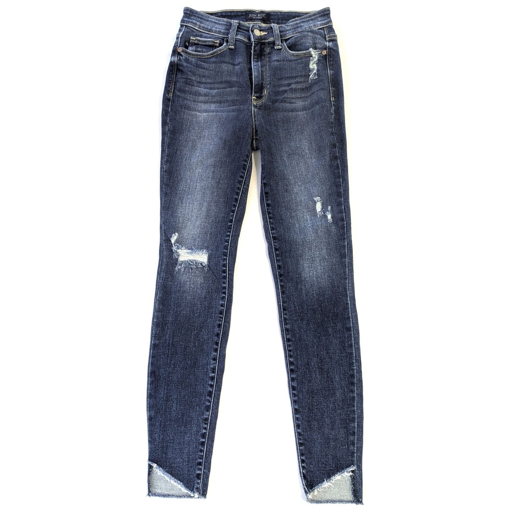 Judy Blue Skinny Distressed Shark Bite Hem Jeans Dark Wash Size 1/25 JB82326MD